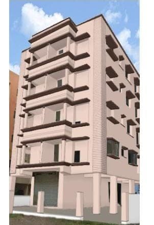 Architect's render of a G+4 co-operative society block in New Town — side elevation from the street, balconies stacked beside the stair core