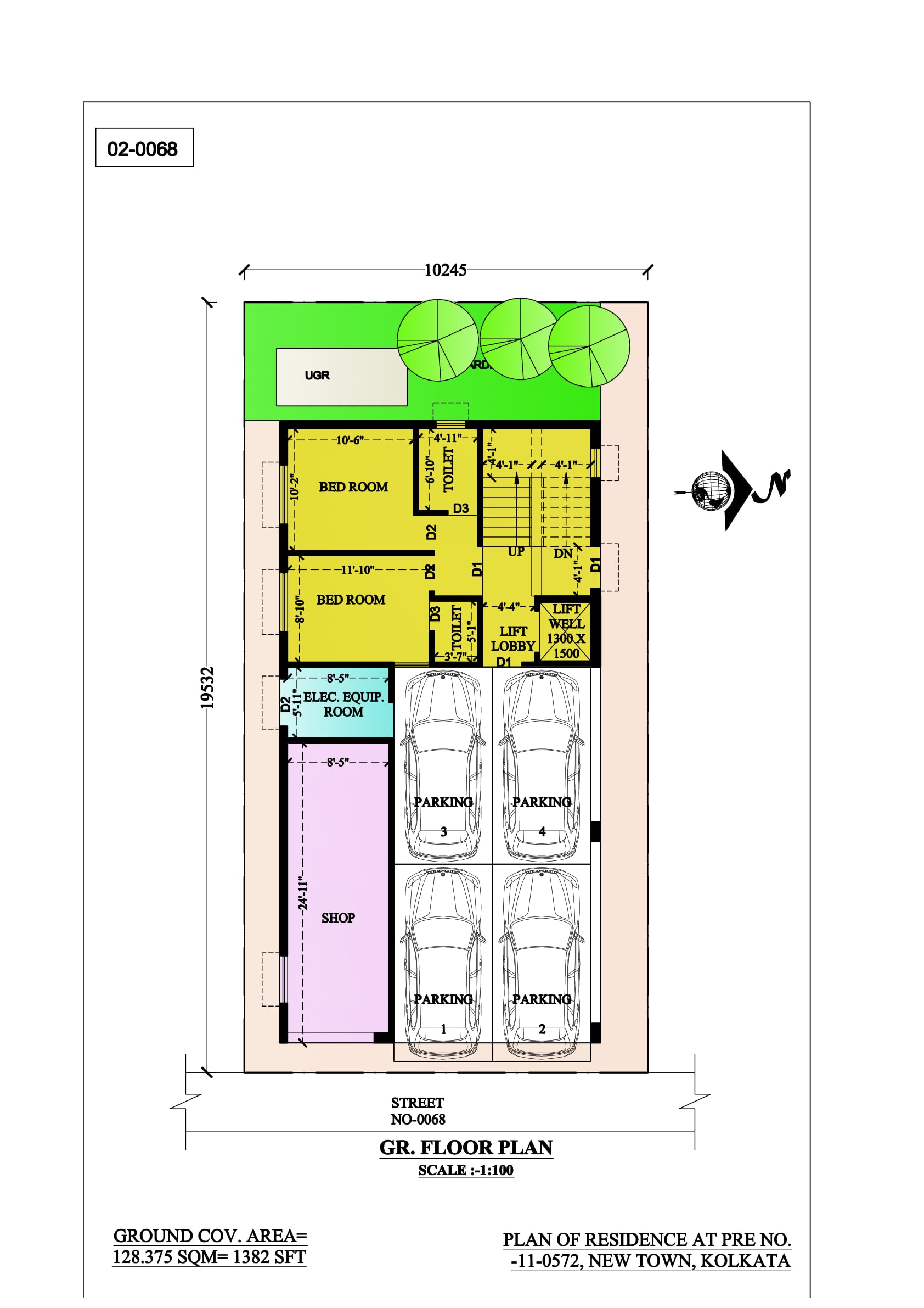 Ground floor plan in colour: four car bays drawn with cars along the Street No. 68 frontage, a long shop and electrical equipment room to one side, two bedrooms with toilets behind the stair and lift lobby, and an underground water reservoir under planting across the rear yard.