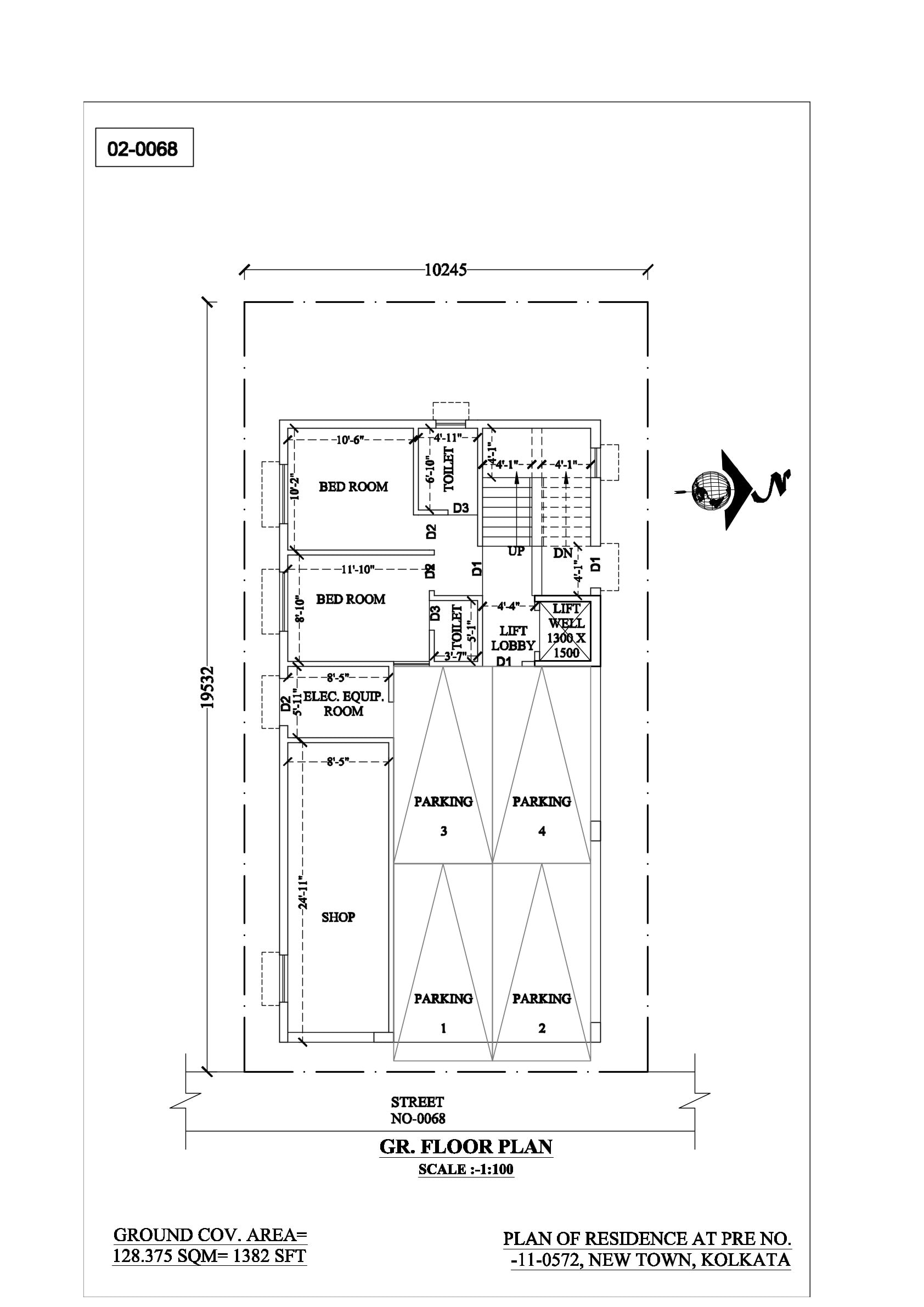 The same ground floor plan in line work, without colour: four parking bays off the street, shop and electrical equipment room alongside, two bedrooms and toilets behind the stair and lift lobby, and the underground water reservoir across the rear yard. Dimensions are written against every room.