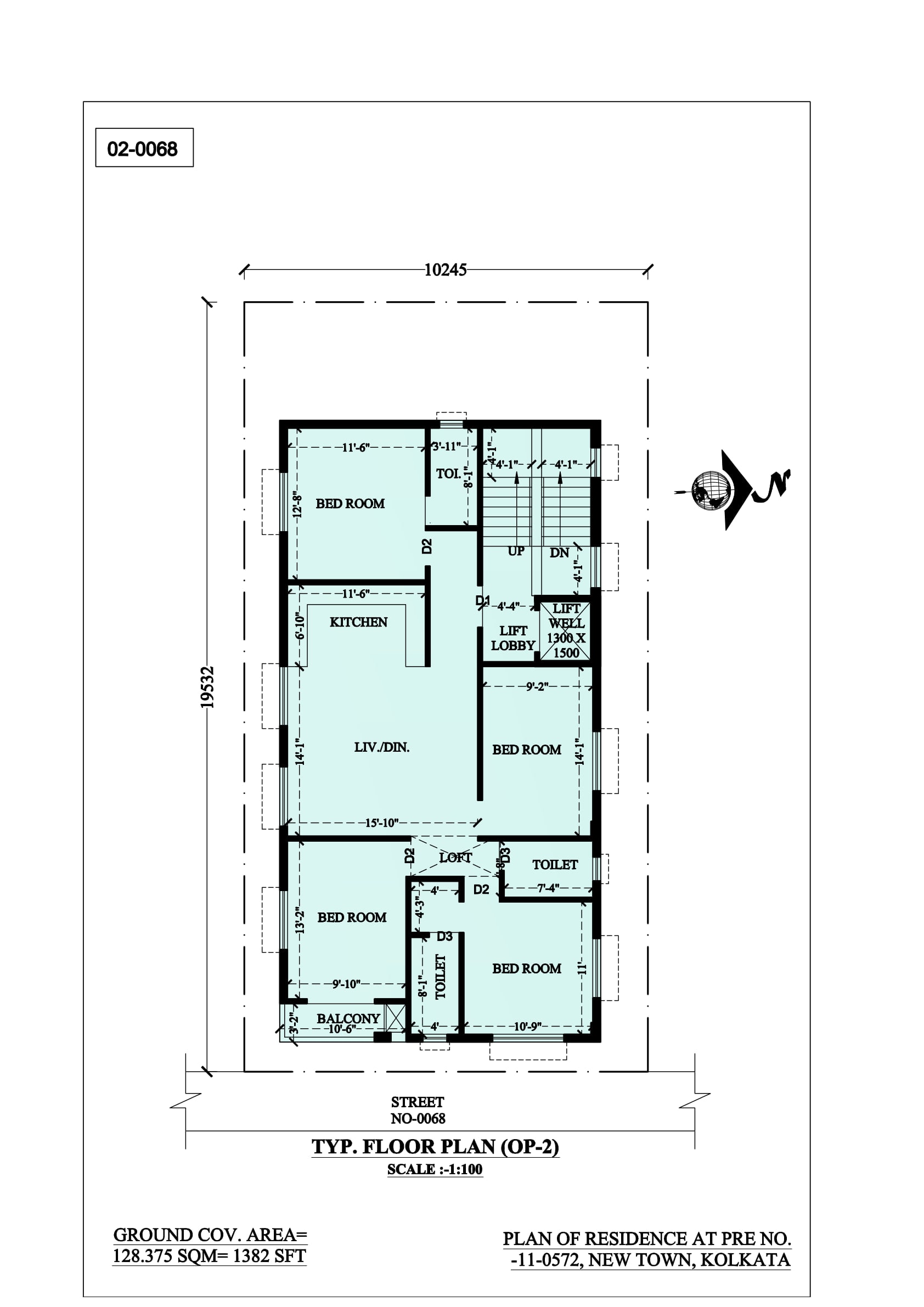 Typical floor plan in colour, one home to the floor: four bedrooms at the corners, a living-cum-dining room running the depth of the plan with the kitchen off it, three toilets, a loft over the inner lobby and a balcony at the street end.
