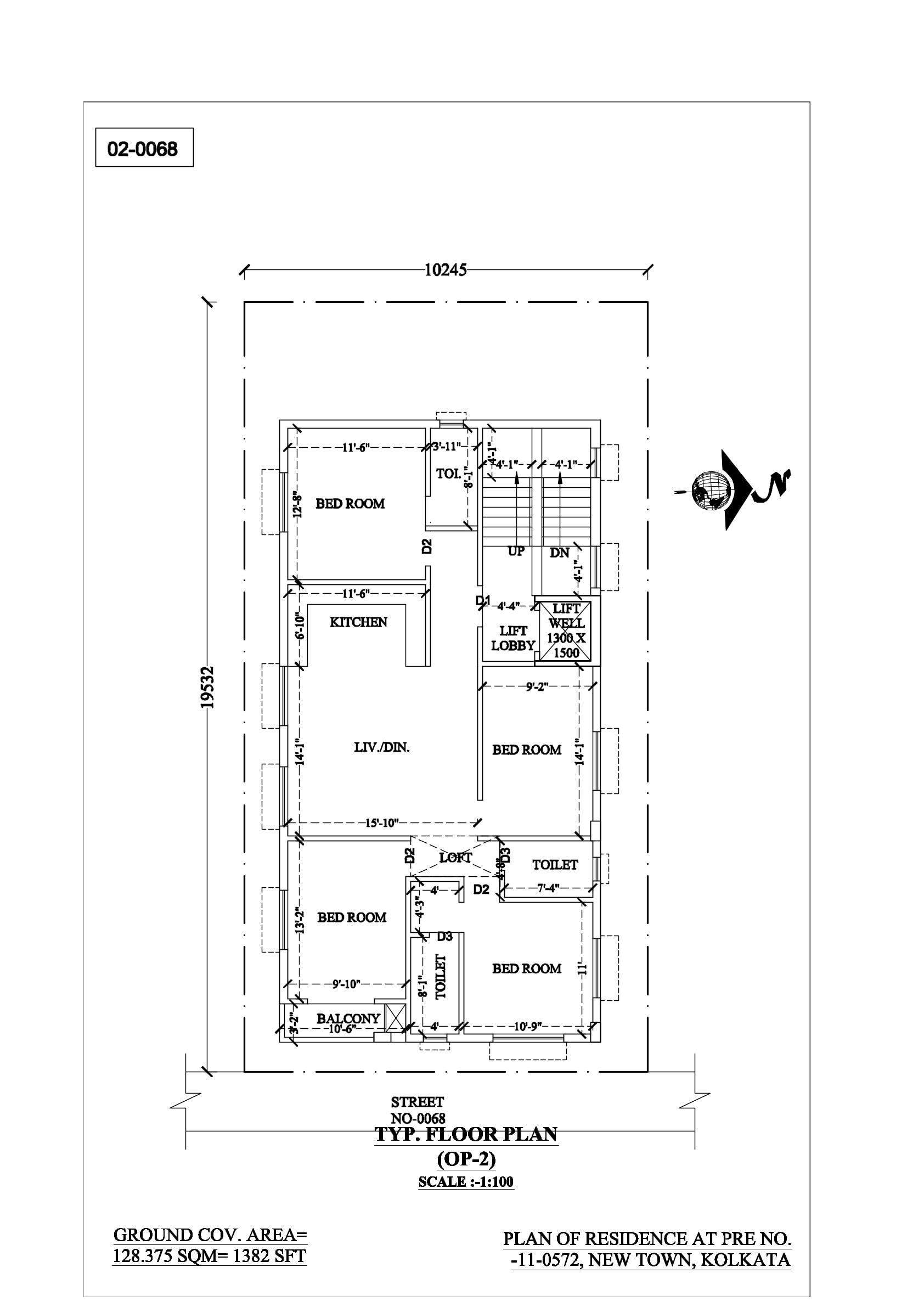 The same typical floor plan in line work, marked OP-2 on the sheet: four bedrooms, living-cum-dining with the kitchen off it, three toilets, a loft and a balcony, with dimensions written against every room.