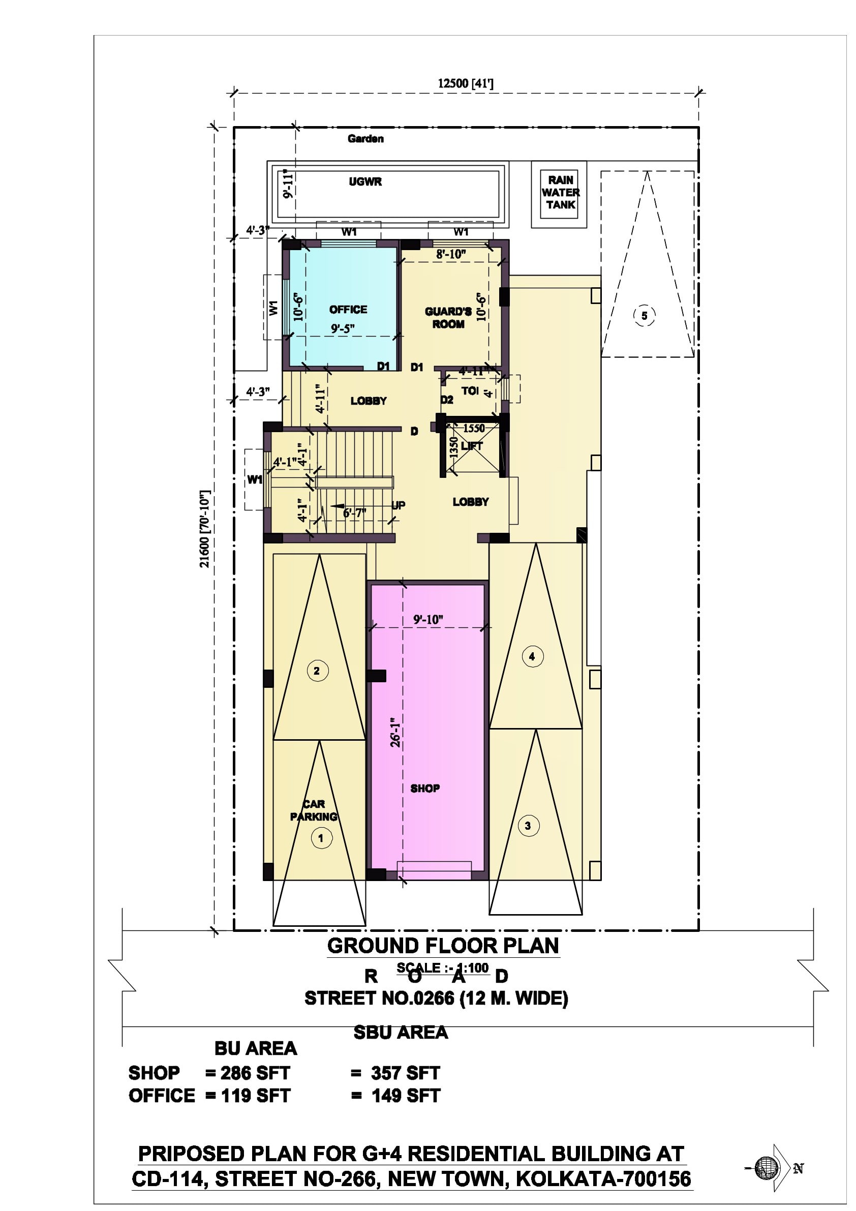 Sanctioned ground floor plan, Option B: five car bays and a longer shop frontage to the street, a smaller office beside the guard's room at the lift lobby, with the underground water reservoir and rainwater tank along the rear boundary.