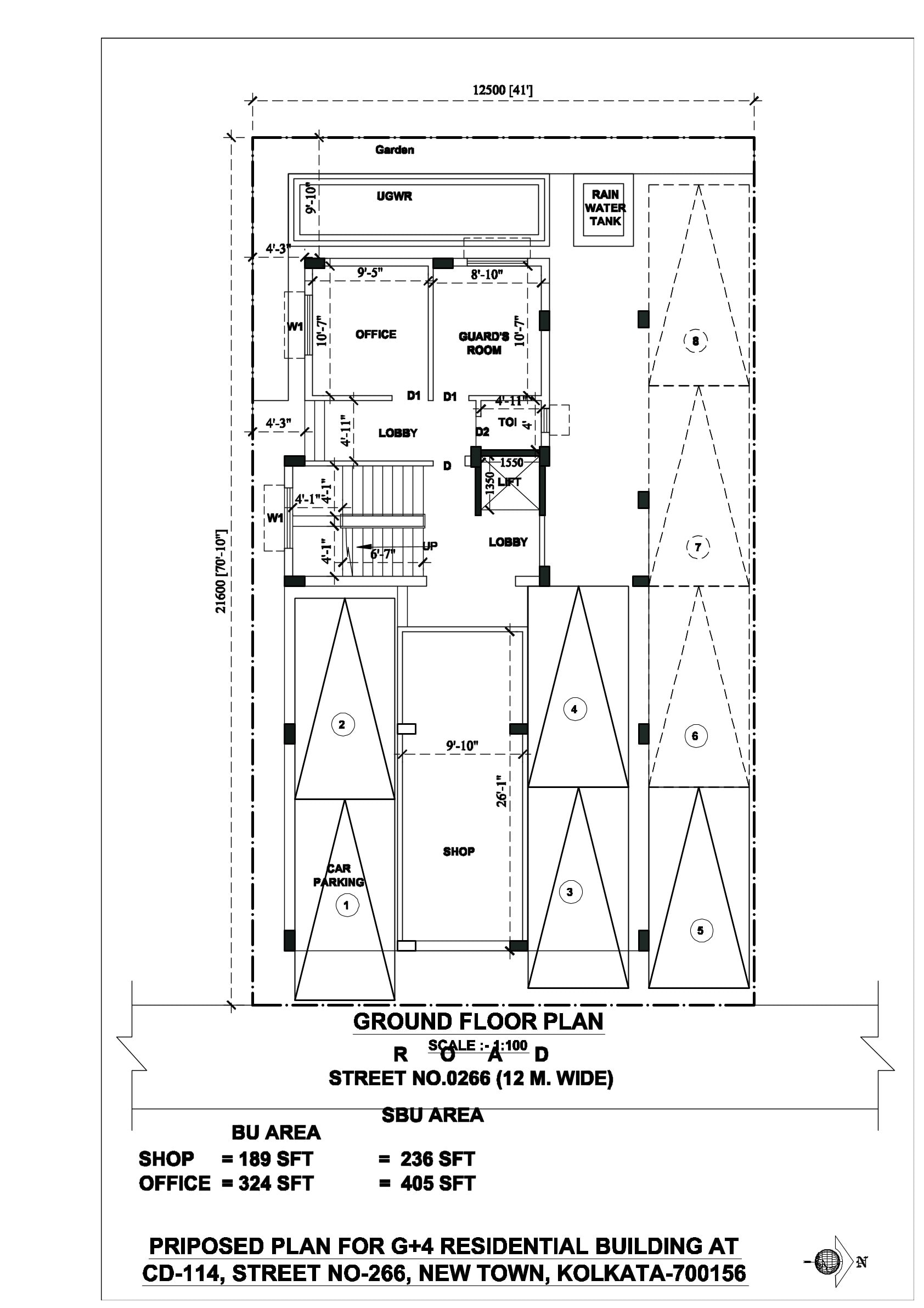 Sanctioned ground floor plan, Option A: eight car bays and a shop along the 12 m street frontage, office and guard's room off the lift lobby, and an underground water reservoir, rainwater tank and garden strip across the rear boundary.