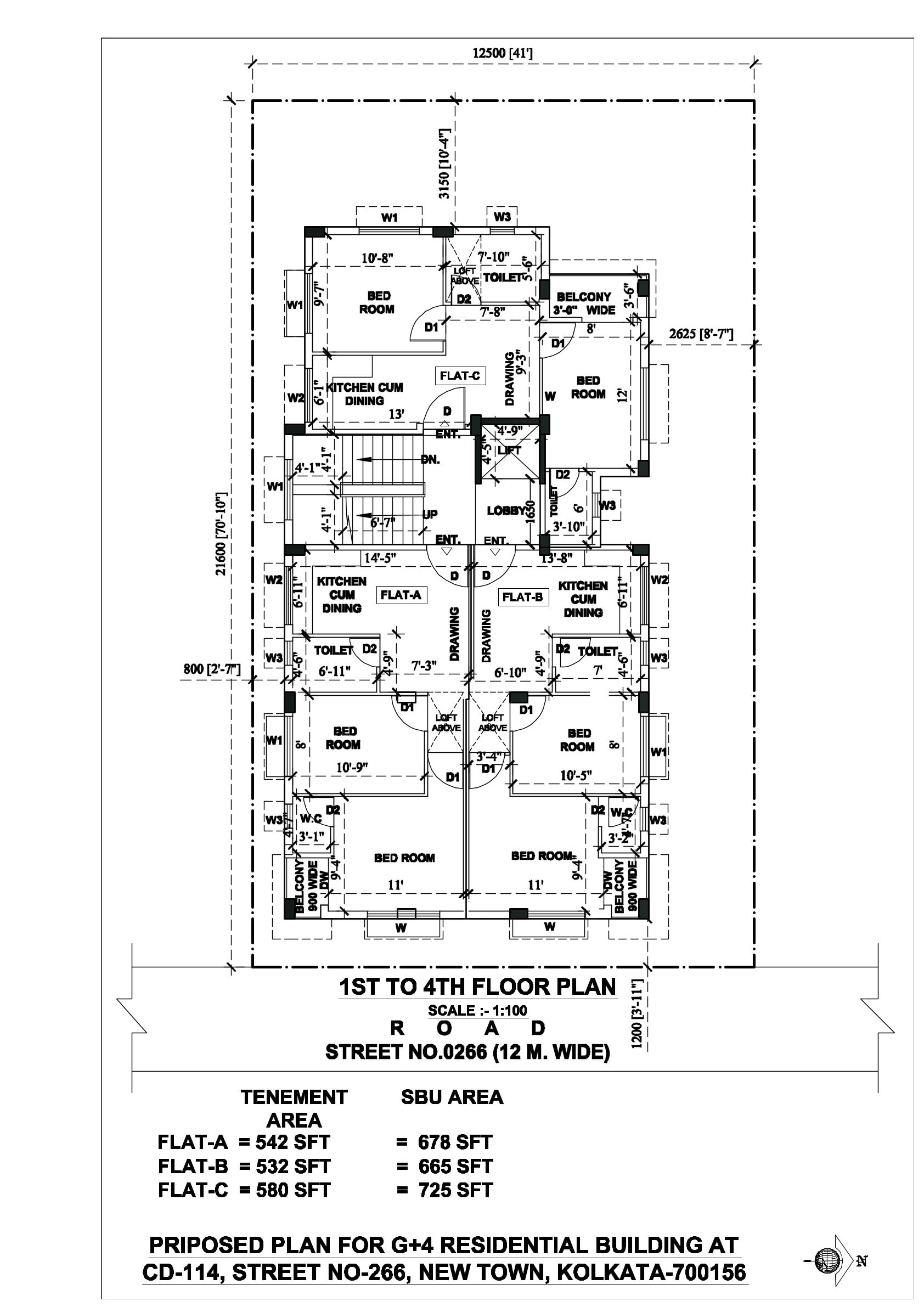 Sanctioned 1st to 4th floor plan, Option B: Flats A and B mirrored across a shared drawing-room wall at the front of the plot, Flat C to the rear beside the stair and lift core.