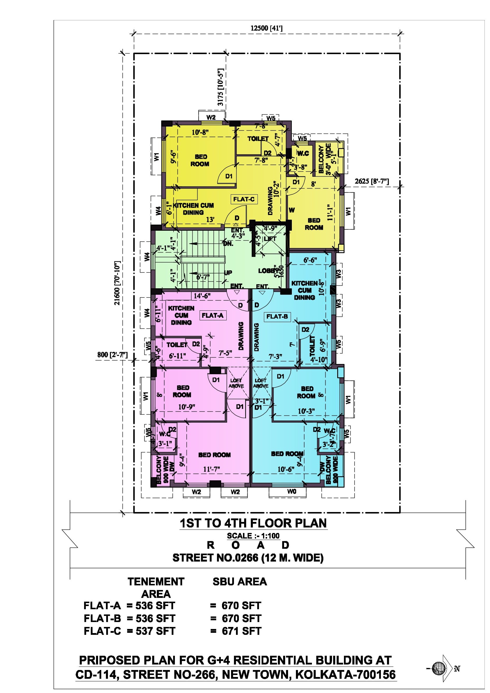 Sanctioned 1st to 4th floor plan, Option A: three flats set around a central stair and lift lobby, each drawn with two bedrooms, a drawing room, kitchen-cum-dining, toilet and a 900 mm balcony.