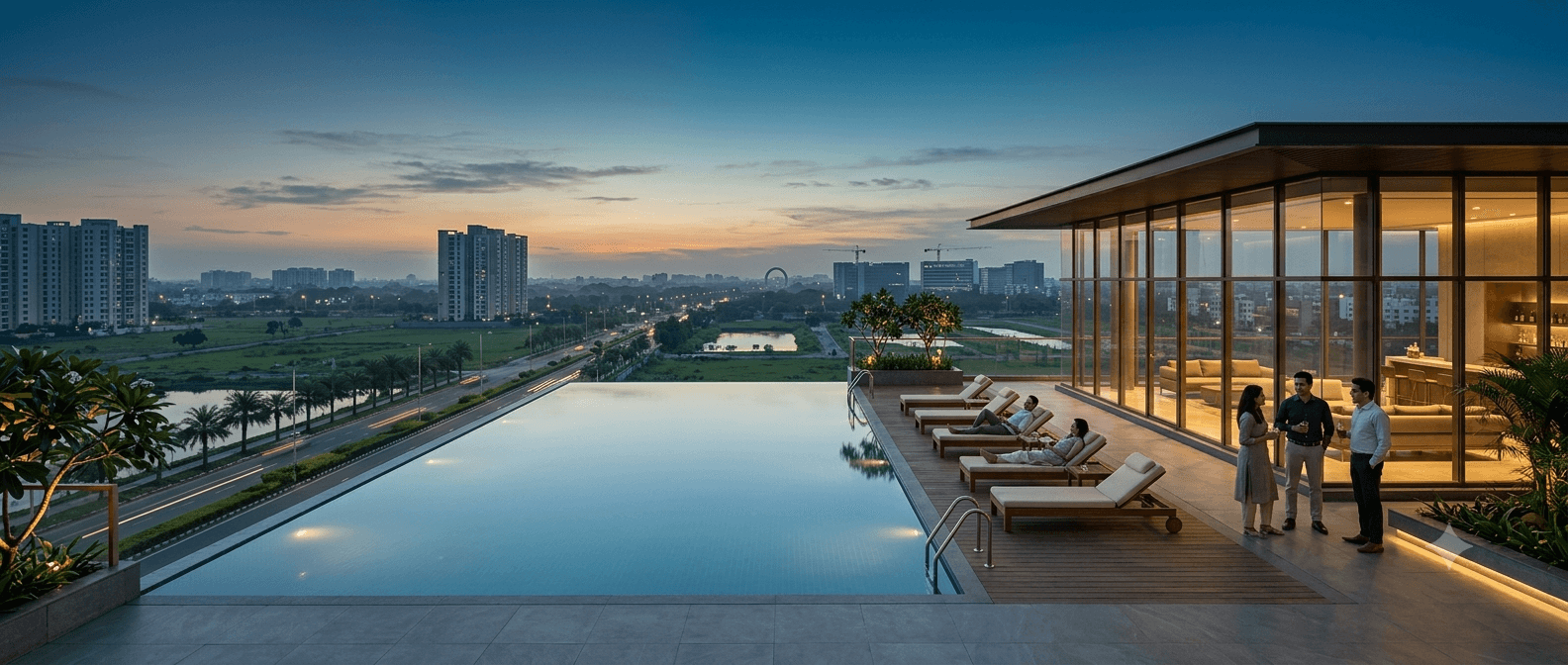 Rooftop infinity pool and glass-walled clubhouse lounge at dusk, above the New Town skyline