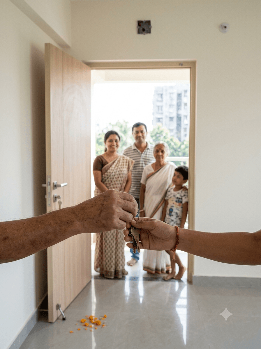 Handover ceremony at the door of a finished flat — keys passed hand to hand while three generations of the family wait on the landing, marigold petals on the floor