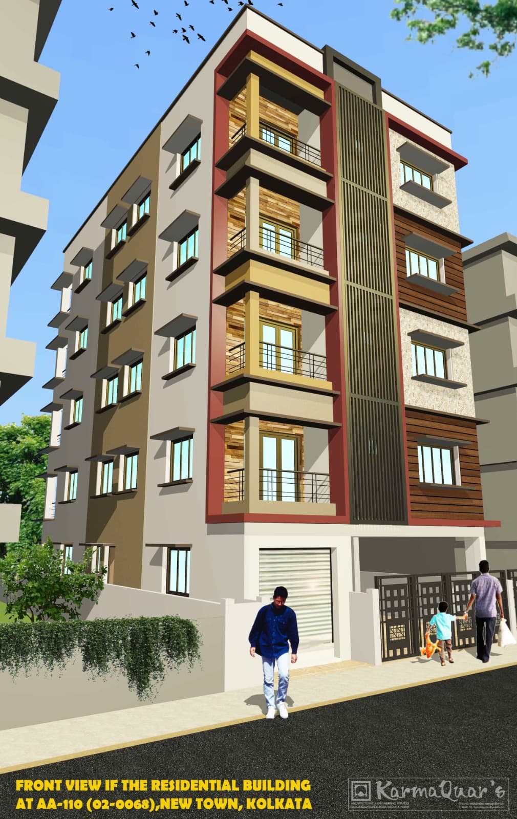 Architect's render of a G+4 co-operative society block in New Town — side elevation from the street, balconies stacked beside the stair core