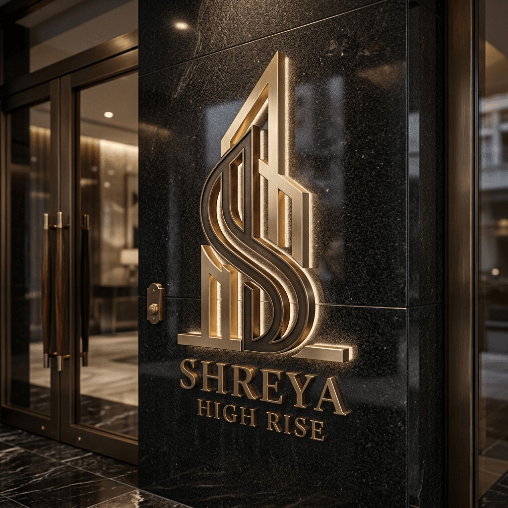 The Shreya High Rise nameplate in brass on a black granite wall, beside the glass entrance doors of a building lobby
