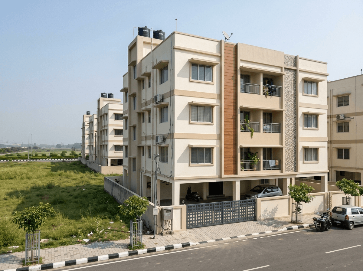New Manikanchan MIG Society — the completed G+4 block from the road, stilt parking below and open ground alongside