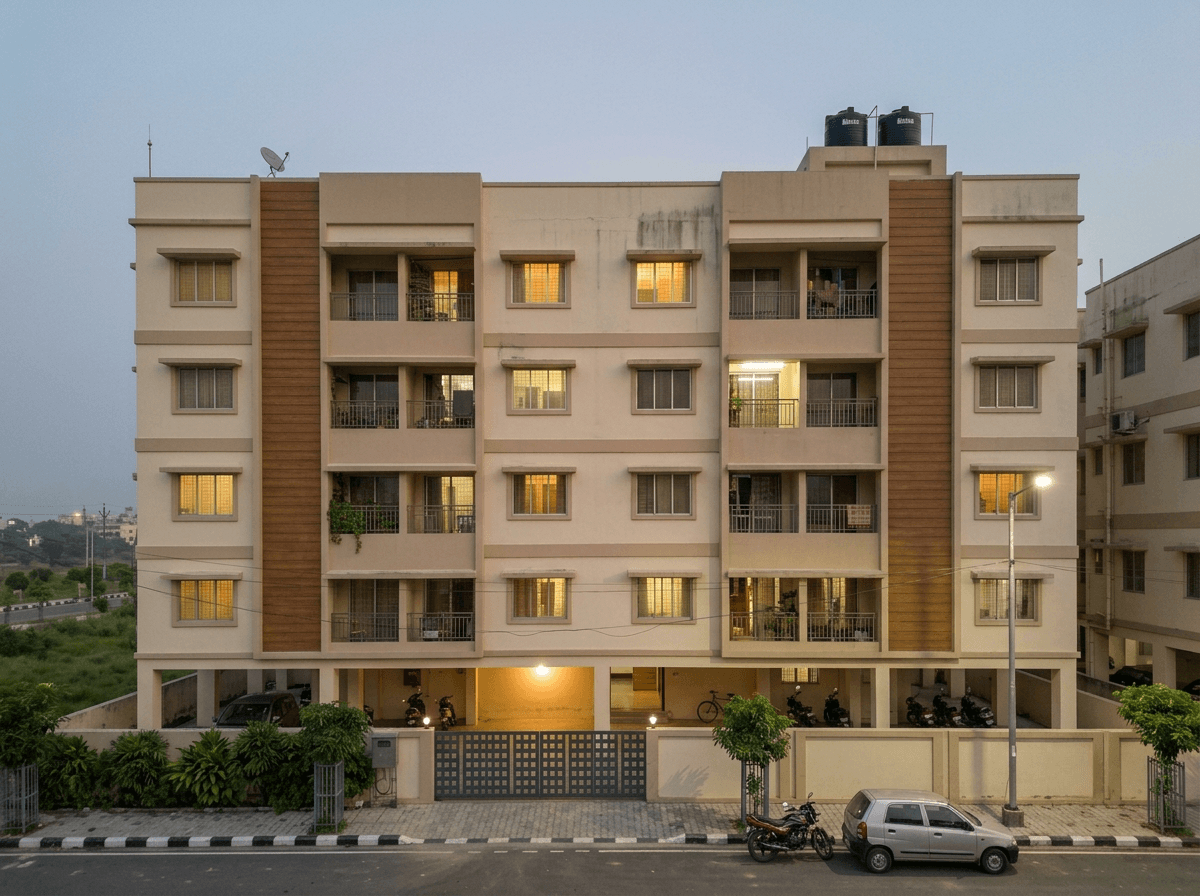 Mitrae Co-operative — the completed G+4 block at dusk, lit windows above stilt parking