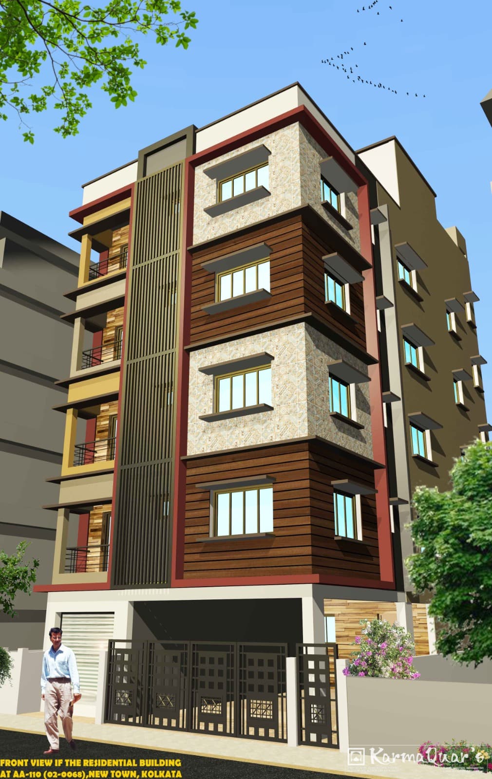 Architect's render of a G+4 co-operative society block in New Town — corner elevation, balconies above a gated ground-floor parking bay