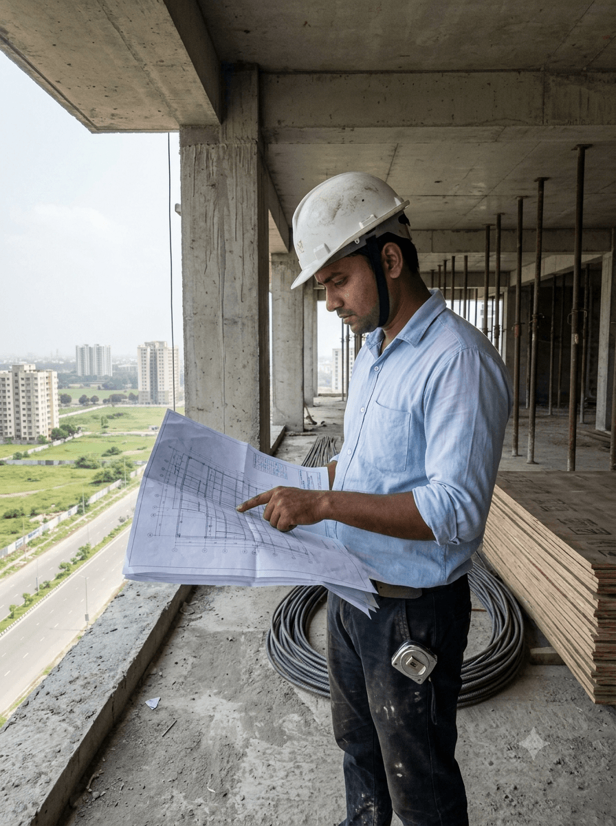 Site engineer in a white hard hat tracing a structural drawing on an open floor of a tower under construction, the city skyline behind them